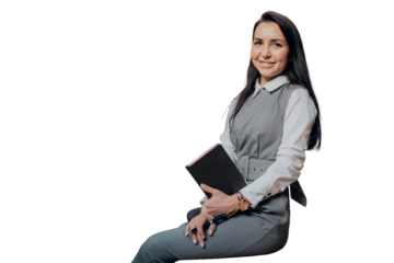 A female lawyer with a book in her shirt is an office worker. The background is transparent and isolated.

