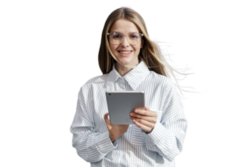 A female secretary is seen using a tablet computer while wearing a white shirt in the office. The background is transparent and isolated.
