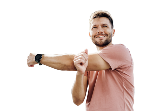 An athletic man is stretching in preparation for running. The background is transparent and isolated.
 - Powered by Adobe