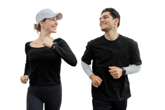 Runners are fitness people who run together in their fitness clothes. There's a clear, isolated background.