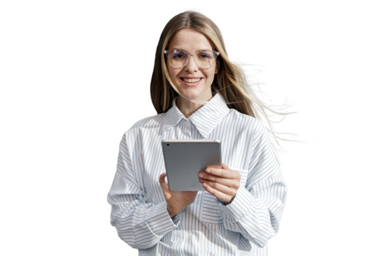 A female secretary is seen using a tablet computer while wearing a white shirt in the office. The background is transparent and isolated.
