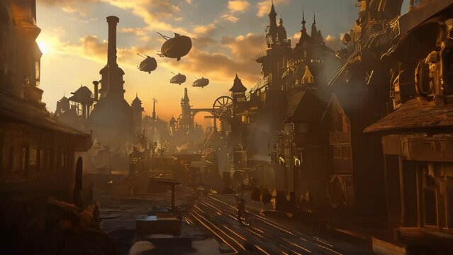 Intricate steampunk city bathed in warm sunset light. Towering spires, domes, and chimneys dominate the skyline. Airships float lazily overhead. 
