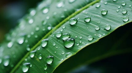 Exploring reflectivity of water droplets on leaf in blurred background with space for text