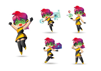 yellow black colorful pony tail Super Hero Girl Mascot Character Set2