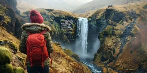  Backpacker woman looking at waterfall, nature scenery, waterfall landscape © Jing