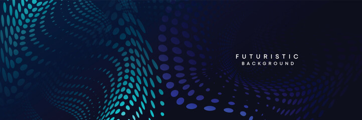 Dark blue digital technology banner gradient web background. Blue abstract waving lines and halftone circles frame glowing geometric diagonal pattern business background for brochure, cover, header