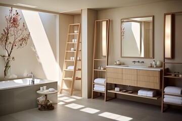 Fototapeta na wymiar Zen-Inspired Simplicity: Bamboo Ladder and Frameless Mirror Bathrooms