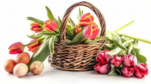 Colorful Easter eggs in basket and tulips isolated.