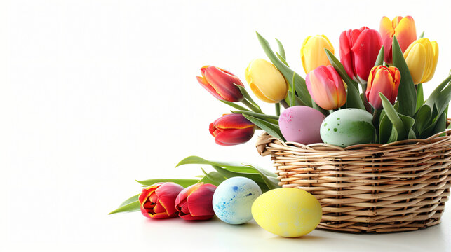 Colorful Easter eggs in basket and tulips isolated.