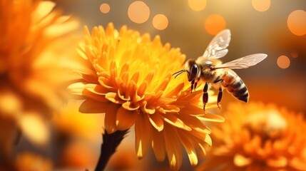 Close-up of bee collecting nectar and pollen from flower with blurred background and space for text - obrazy, fototapety, plakaty