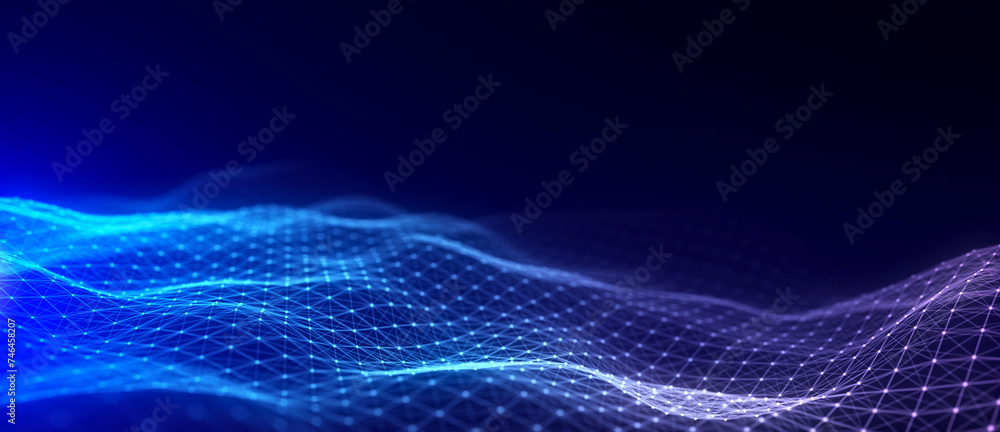Aufkleber Music color wave of particles and lines. Big data visualization. Abstract blue background with a dynamic wave. 3d rendering.