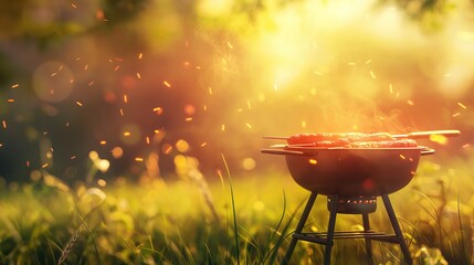 Barbecue in the garden on a sunny day. Grill in nature. Barbecue concept