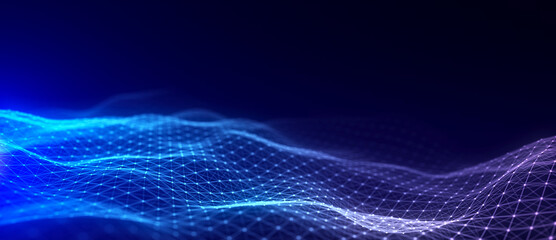 Music color wave of particles and lines. Big data visualization. Abstract blue background with a dynamic wave. 3d rendering.