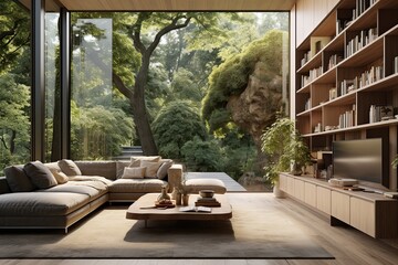 Fototapeta premium Biophilic Living: Floor-to-Ceiling Nature Views in Abundant Living Room Concepts