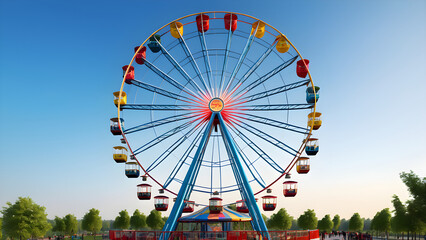 rides,amusement park,Ferris Wheel: Slow, scenic ride providing panoramic views of the park and surrounding area, perfect for a leisurely experience,Generative aI