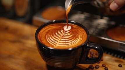 Cup of coffee with latte art on the wooden table. Coffee concept