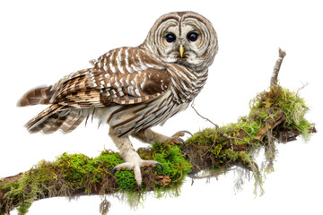 A powerful barred owl perched on a mossy branch, staring intensely at the viewer, with its wings extended to reveal its striking feather patterns.