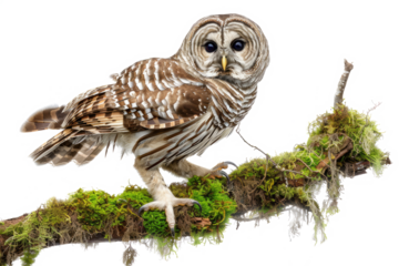 A powerful barred owl perched on a mossy branch, staring intensely at the viewer, with its wings extended to reveal its striking feather patterns.