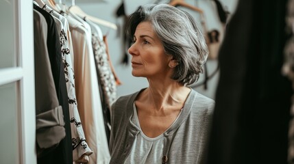 Beautiful mature woman in a wardrobe selecting clothing in a well organized wardrobe, embodying style and elegance in a closet setting