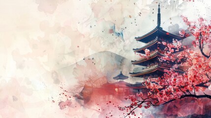 Abstract watercolor of Japanese pagoda in cherry blossoms, spring landscape