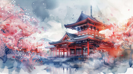 A watercolor red pagoda, set against a vibrant backdrop of blooming cherry blossoms and a reflective lake