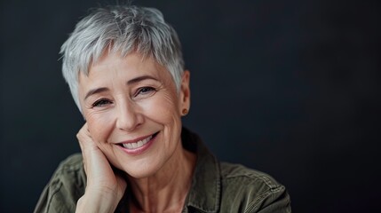 Mature pleasant woman with stylish grey hair, gazing confidently into the camera against dark background. Mature beauty, contemporary hairstyles, and confident aging