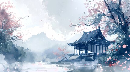 A serene watercolor scene with a pavilion by a lake, its elegance accentuated by the soft cherry blossoms and a subdued palette of blues and pinks - obrazy, fototapety, plakaty