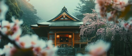 A traditional Japanese shrine is veiled by a delicate canopy of sakura blossoms, with a misty, forested backdrop enhancing its mystique
