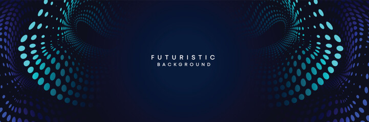 Dark blue digital technology banner gradient web background. Blue abstract waving lines and halftone circles frame glowing geometric diagonal pattern business background for brochure, cover, header