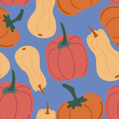 Flat design pumpkins blue background seamless pattern