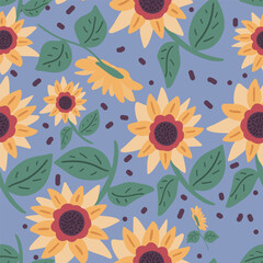 Sunflowers flat design blue background seamless pattern
