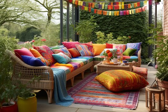5 Bohemian Chic Patio Designs: Rattan Furniture & Colorful Textile Cushions Bursting with Style