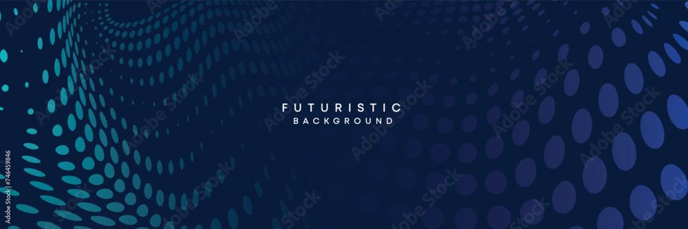 Wall mural dark blue digital technology banner gradient web background. blue abstract waving lines and halftone