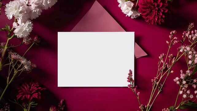 Creative layout made of flowers and envelope on purple background. White blank greeting card and envelope. Flat lay, top view. Spring decorative flowers and a white blank sheet of paper in the center.