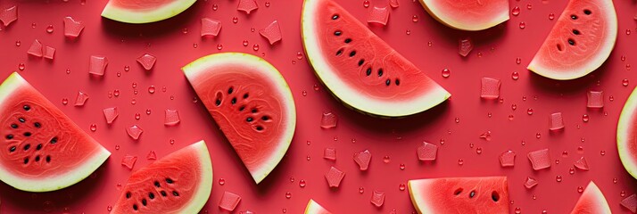 seamless pattern with juicy watermelon slices on red background