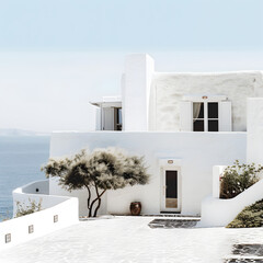 Griechenland Haus an der Küste, Weißes Gebäude in der Sonne, Blauer Wolkenfreier Himmel, schönes Wetter, Urlaubsort, Fiktiv 