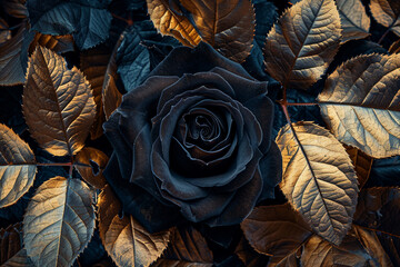 The Enigmatic Beauty of a Black Rose with Golden Leaves