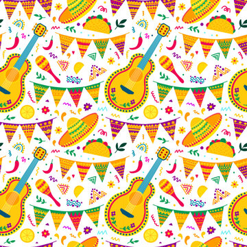 Vector mexican elements seamless pattern. Mexican guitar, maracas and colorful garland for fiesta seamless pattern