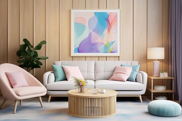 Pastel Elegance: Abstract Wood Paneling and Stunning Lighting Living Room Inspirations