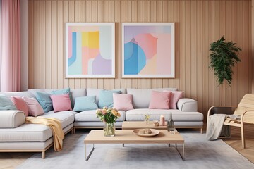 Pastel Living: Elegant Lighting & Abstract Wood Paneling Scheme for Bright Room Inspirations