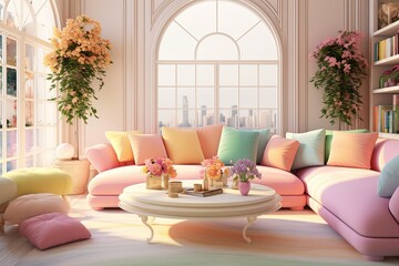 Fototapeta na wymiar Bright Pastel Villa Vibes: Sunny Living Room Inspirations with Light Decor