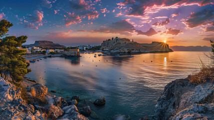 Cove with Acropolis located on a rock, Lindos city. - obrazy, fototapety, plakaty