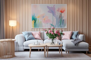Pastel Living Room Inspirations: Abstract Wood Paneling & Elegant Lighting