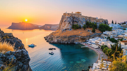 Cove with Acropolis located on a rock, Lindos city. - obrazy, fototapety, plakaty