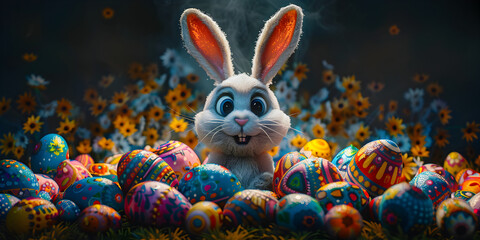 Fototapeta na wymiar A bunny surrounded by easter eggs in a forest 