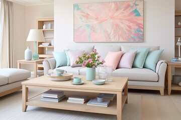 Fototapeta na wymiar Coastal Pastel Living Room: Inspiring Light Wood Coffee Table Ideas