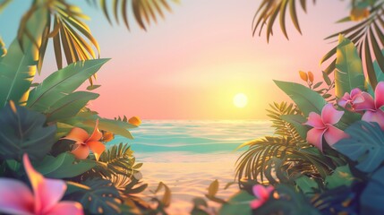 Fototapeta na wymiar Illustration of tropical island with palm trees and flowers at sunset. Summer vacation concept.