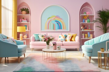 Fototapeta na wymiar Pastel Living Room Inspirations: Bright Floor Rugs & Round Tables Showcase