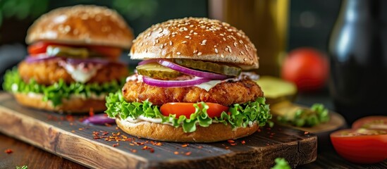 Chicken cutlet burger served on wooden board - obrazy, fototapety, plakaty