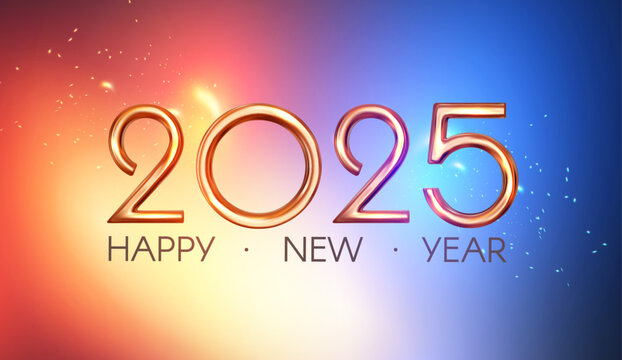 2025 Happy New Year gold metal 3D text with bokeh and light effect. Holiday celebration banner.